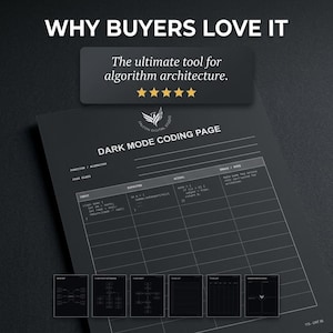 May include: A dark mode coding page template featuring a black background with white text and grid lines. The header reads "DARK MODE CODING PAGE" and includes a table with columns for input, expected, actual, and trace notes. Six smaller page icons appear at the bottom.