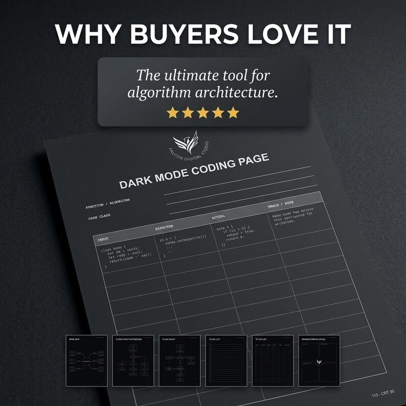 May include: A dark mode coding page template featuring a black background with white text and grid lines. The header reads "DARK MODE CODING PAGE" and includes a table with columns for input, expected, actual, and trace notes. Six smaller page icons appear at the bottom.