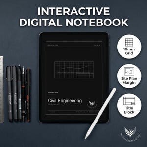 Peut inclure: Un carnet numérique interactif affiché sur un écran de tablette avec le texte Civil Engineering, incluant une grille de 10 mm, une marge pour plan de site et un cartouche. Un stylet blanc et des stylos sont placés près d'une règle.