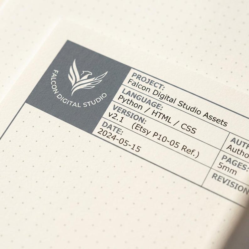 May include: A cream-coloured dot grid notebook featuring a dark grey label with the Falcon Digital Studio logo. The label includes fields for Project: Falcon Digital Studio Assets, Language: Python / HTML / CSS, Version: v2.1 (Etsy P10-05 Ref.), Date: 2024-05-15, and Pages: 5mm.