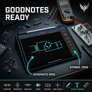 May include: A tablet displaying a circuit schematic on a grid with the text GOODNOTES READY. Surrounding the tablet are electronic components, a multimeter, and a breadboard. A symbol zone is labelled on the screen with digital symbols below.