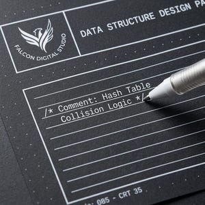 May include: A black design pad with white grid lines and text. The top left features a Falcon Digital Studio logo. A white pen tip rests on a line containing the text /* Comment: Hash Table Collision Logic */. The bottom includes the text 085 - CRT 35.