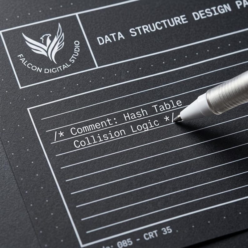 May include: A black design pad with white grid lines and text. The top left features a Falcon Digital Studio logo. A white pen tip rests on a line containing the text /* Comment: Hash Table Collision Logic */. The bottom includes the text 085 - CRT 35.