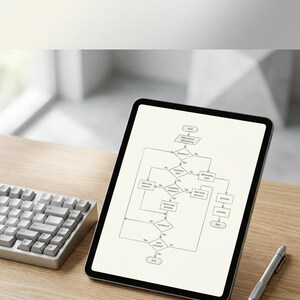 K&ouml;nnte beinhalten: Ein Tablet, das ein komplexes Flussdiagramm mit verschiedenen Entscheidungsknoten, Prozessboxen und Richtungspfeilen anzeigt. Der Bildschirm zeigt Textbeschriftungen wie Start, condition, process und End, neben einer Tastatur und einem Eingabestift.