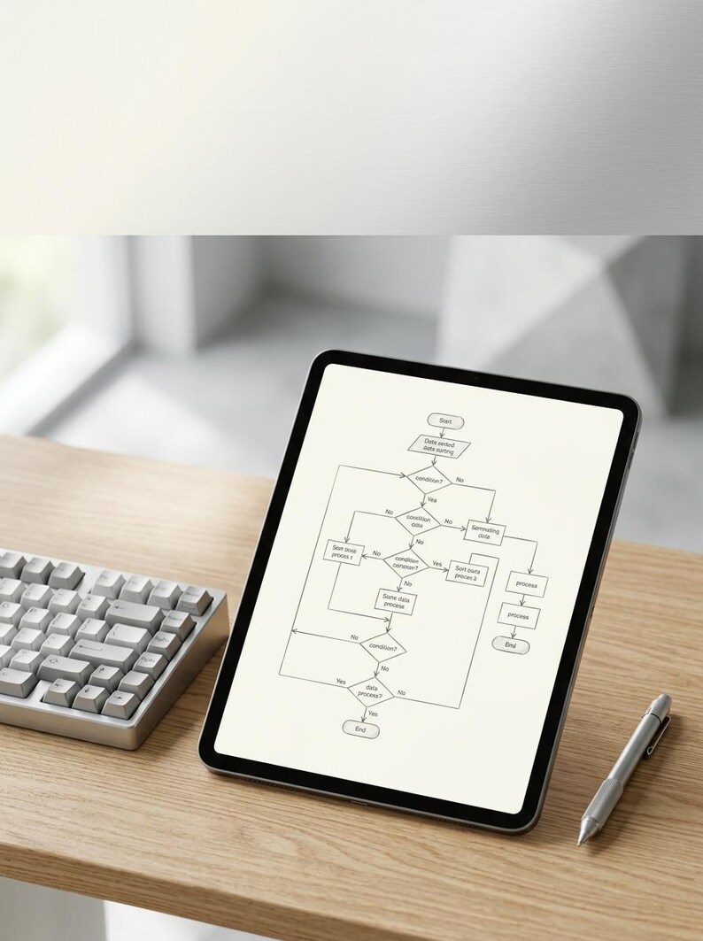 K&ouml;nnte beinhalten: Ein Tablet, das ein komplexes Flussdiagramm mit verschiedenen Entscheidungsknoten, Prozessboxen und Richtungspfeilen anzeigt. Der Bildschirm zeigt Textbeschriftungen wie Start, condition, process und End, neben einer Tastatur und einem Eingabestift.