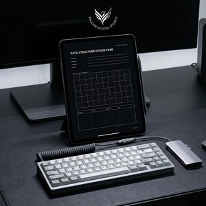 May include: A tablet displaying a Data Structure Design Page grid, positioned on a stand. In front sits a mechanical keyboard with light gray keys and a coiled cable, alongside a silver USB-C hub. The setup features a dark, monochromatic aesthetic.