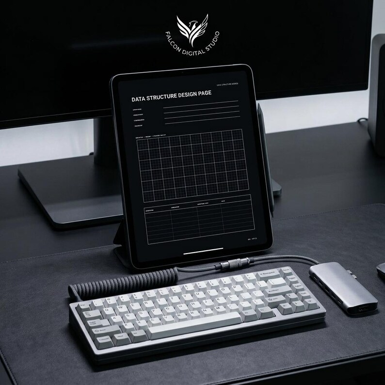 May include: A tablet displaying a Data Structure Design Page grid, positioned on a stand. In front sits a mechanical keyboard with light gray keys and a coiled cable, alongside a silver USB-C hub. The setup features a dark, monochromatic aesthetic.