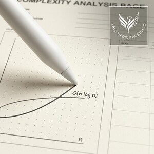May include: A white stylus tip rests on a dot grid paper featuring a complexity analysis chart with the text O(n log n) and n. The top of the page displays the text COMPLEXITY ANALYSIS PAGE and a logo for FALCON DIGITAL STUDIO.