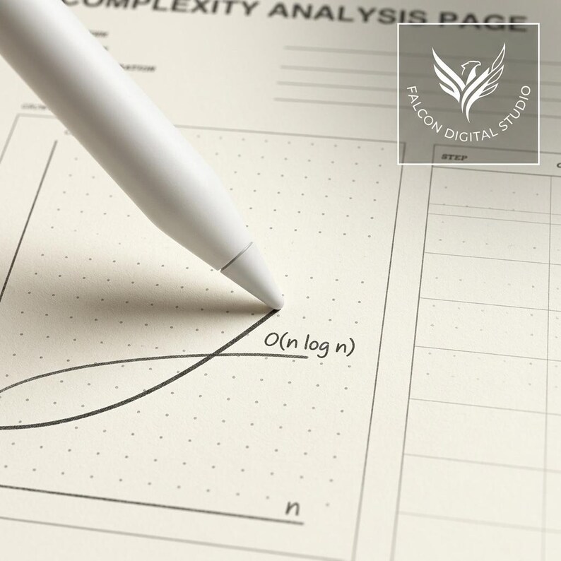 May include: A white stylus tip rests on a dot grid paper featuring a complexity analysis chart with the text O(n log n) and n. The top of the page displays the text COMPLEXITY ANALYSIS PAGE and a logo for FALCON DIGITAL STUDIO.