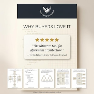 May include: A digital product display featuring the Falcon Digital Studio logo, the text WHY BUYERS LOVE IT, and a five-star review stating, The ultimate tool for algorithm architecture. Five smaller thumbnails show technical diagrams including flowcharts, code, and trees.