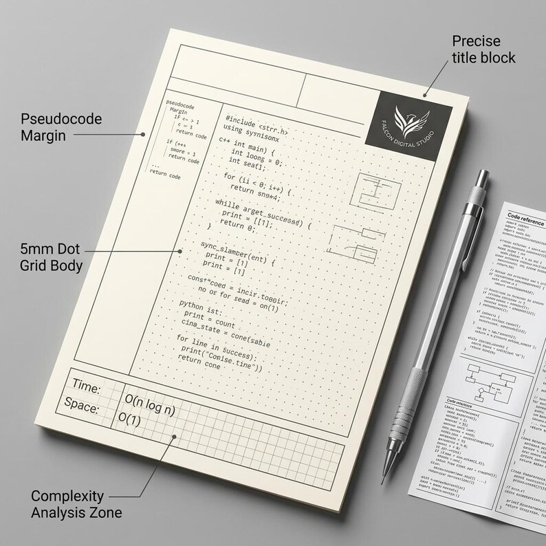 May include: A cream-coloured programming notepad featuring a 5mm dot grid body, a pseudocode margin, a complexity analysis zone for time and space, and a precise title block with a Falcon Digital Studio logo, accompanied by a silver mechanical pencil.