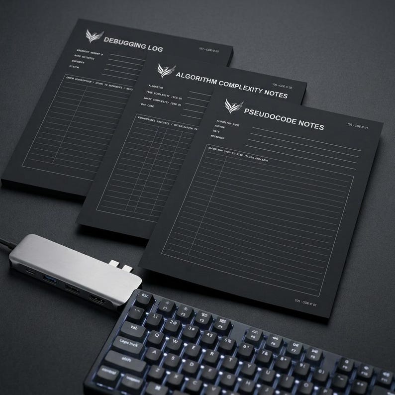 May include: Three black paper pads with white text and lines, labeled Debugging Log, Algorithm Complexity Notes, and Pseudocode Notes. Each pad features a small logo at the top, a silver USB-C hub, and a mechanical keyboard with backlit keys.