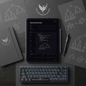 May include: A black tablet displaying a pseudocode page with a merge sort algorithm and a tree diagram, accompanied by a black mechanical keyboard, a notebook with a Falcon Digital Studio logo, a stylus, and several sheets featuring complex tree diagrams.