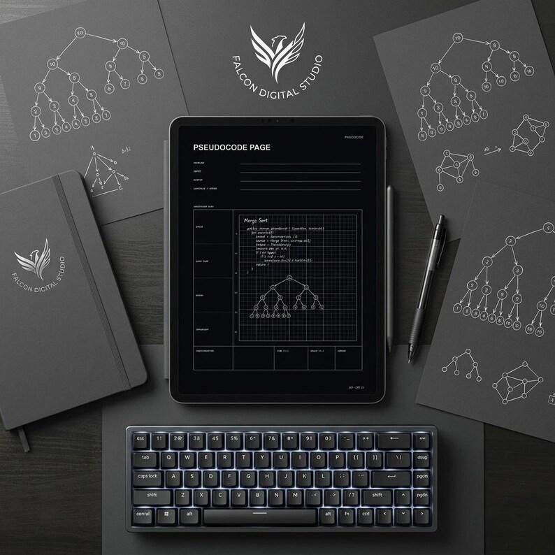 May include: A black tablet displaying a pseudocode page with a merge sort algorithm and a tree diagram, accompanied by a black mechanical keyboard, a notebook with a Falcon Digital Studio logo, a stylus, and several sheets featuring complex tree diagrams.