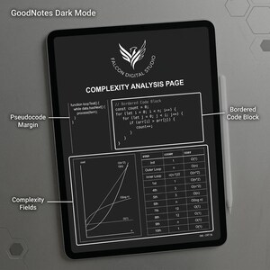 May include: A digital tablet displaying a dark mode complexity analysis page with white text and graphics. The screen features a Falcon Digital Studio logo, a pseudocode margin, a bordered code block, complexity fields, a graph, and a data table.