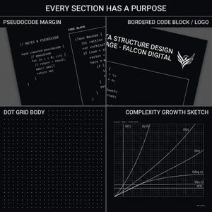 May include: A black notebook page layout featuring four distinct sections: a pseudocode margin with code snippets, a bordered code block with the text DATA STRUCTURE DESIGN PAGE - FALCON DIGITAL, a dot grid body, and a complexity growth sketch graph.
