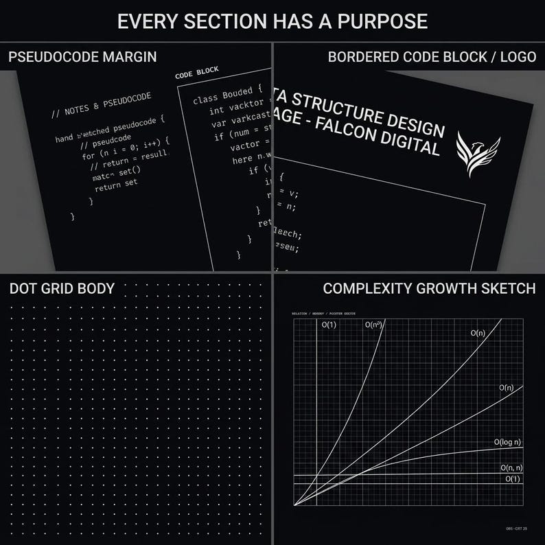 May include: A black notebook page layout featuring four distinct sections: a pseudocode margin with code snippets, a bordered code block with the text DATA STRUCTURE DESIGN PAGE - FALCON DIGITAL, a dot grid body, and a complexity growth sketch graph.