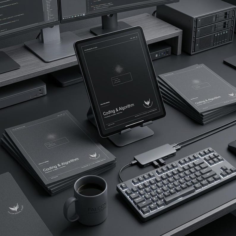 May include: A tablet on a stand displaying Coding & Algorithm text, surrounded by stacks of dark gray booklets with matching covers, a mechanical keyboard, a USB-C hub, and a dark gray mug with the Falcon Digital Studio logo on a desk.