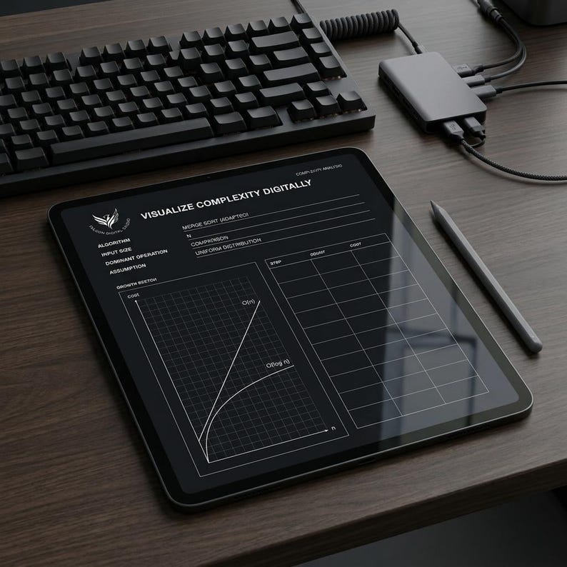May include: A black tablet displaying a white digital interface titled VISUALIZE COMPLEXITY DIGITALLY, featuring a growth vector graph, a data table, and algorithm details, positioned next to a stylus, a keyboard, and a USB hub.