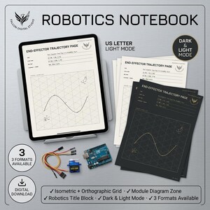 May include: A digital robotics notebook featuring US letter light mode pages, an end-effector trajectory page with isometric grids, a blue microcontroller board, a small servo motor with wires, and dark mode pages with yellow grid lines and text.