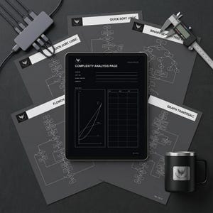 May include: A black tablet displaying a complexity analysis page with a graph and table, surrounded by dark grey sheets featuring flowcharts for quick sort, binary search trees, and graph traversal, a USB hub, and a digital calliper.