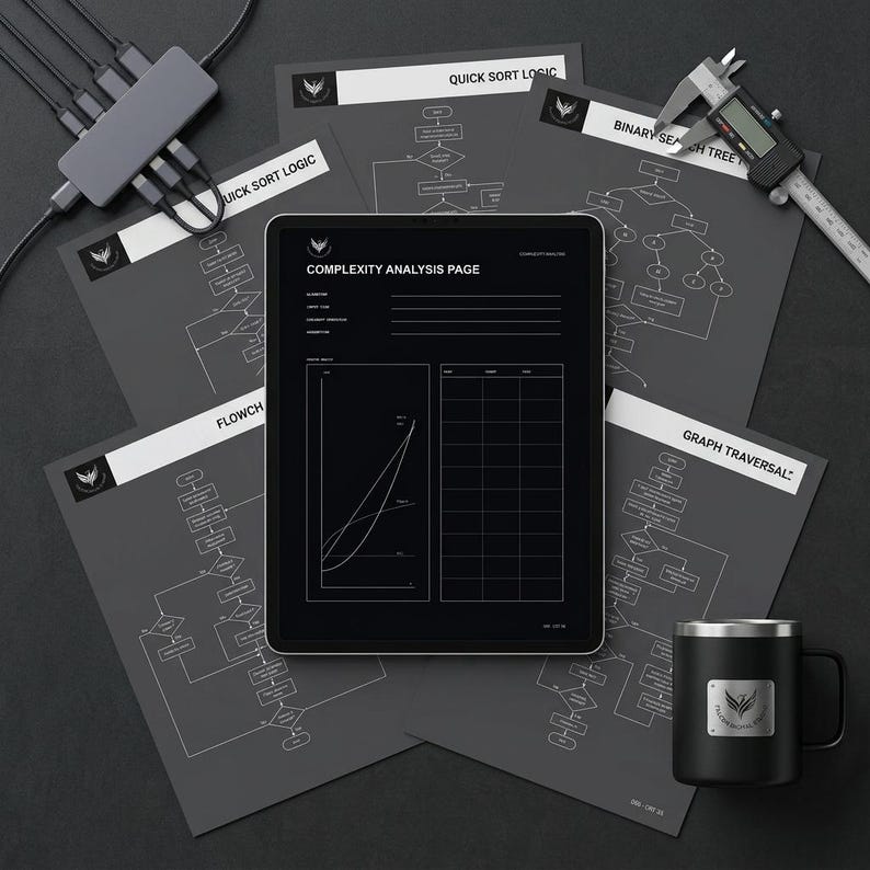 May include: A black tablet displaying a complexity analysis page with a graph and table, surrounded by dark grey sheets featuring flowcharts for quick sort, binary search trees, and graph traversal, a USB hub, and a digital calliper.