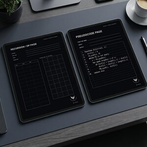 May include: Two digital tablets displaying black and white programming templates. The left tablet shows a Recursion/DP page with grid sections. The right tablet displays a Pseudocode page with Dijkstra's algorithm written in white text on a black background.