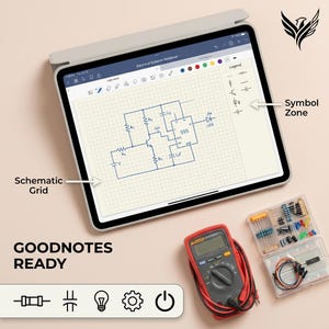 Op de afbeelding: Een tablet met een elektrisch schema op een raster met een symboolzone, vergezeld van een rode digitale multimeter met meetsnoeren, een doorzichtige opbergdoos voor componenten en een breadboard met jumperkabels en elektronische onderdelen.