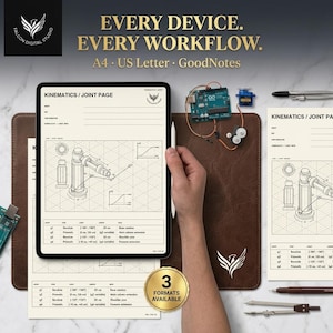 May include: A digital tablet displaying a Kinematics Joint Page template with technical diagrams and data tables. The screen shows isometric drawings of a mechanical arm, alongside a physical Arduino board, a servo motor, and a metal drafting compass.