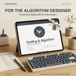 May include: A tablet displaying a digital document titled Coding & Algorithm with a Falcon Digital Studio logo, adorned with a beige ribbon. Below sits a mechanical keyboard with dark gray keys and a light frame, alongside a stylus and paper.