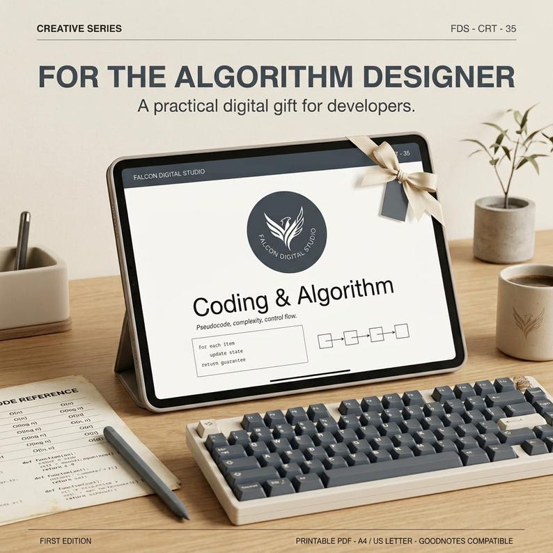 May include: A tablet displaying a digital document titled Coding & Algorithm with a Falcon Digital Studio logo, adorned with a beige ribbon. Below sits a mechanical keyboard with dark gray keys and a light frame, alongside a stylus and paper.