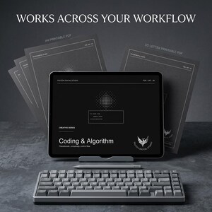 May include: A tablet on a stand displaying "Coding & Algorithm" text, a stylus, and a mechanical keyboard. Behind the tablet are stacked papers labeled "A4 PRINTABLE PDF" and "US LETTER PRINTABLE PDF" with the header "WORKS ACROSS YOUR WORKFLOW".
