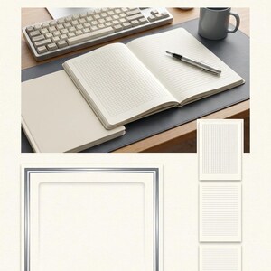 May include: A set of cream-coloured notebooks featuring grid and lined paper layouts. The collection includes a closed notebook, an open notebook with a fountain pen, and separate digital page templates with grid and lined patterns in a silver frame.