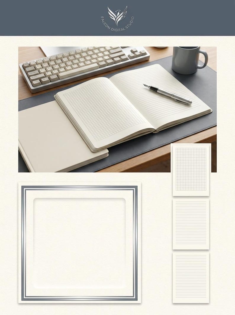 May include: A set of cream-coloured notebooks featuring grid and lined paper layouts. The collection includes a closed notebook, an open notebook with a fountain pen, and separate digital page templates with grid and lined patterns in a silver frame.