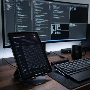 May include: A tablet on a stand displaying a black screen with the white text PSEUDOCODE PAGE and a grid layout, positioned in front of a large curved computer monitor showing lines of programming code, a black keyboard, and a black mug.