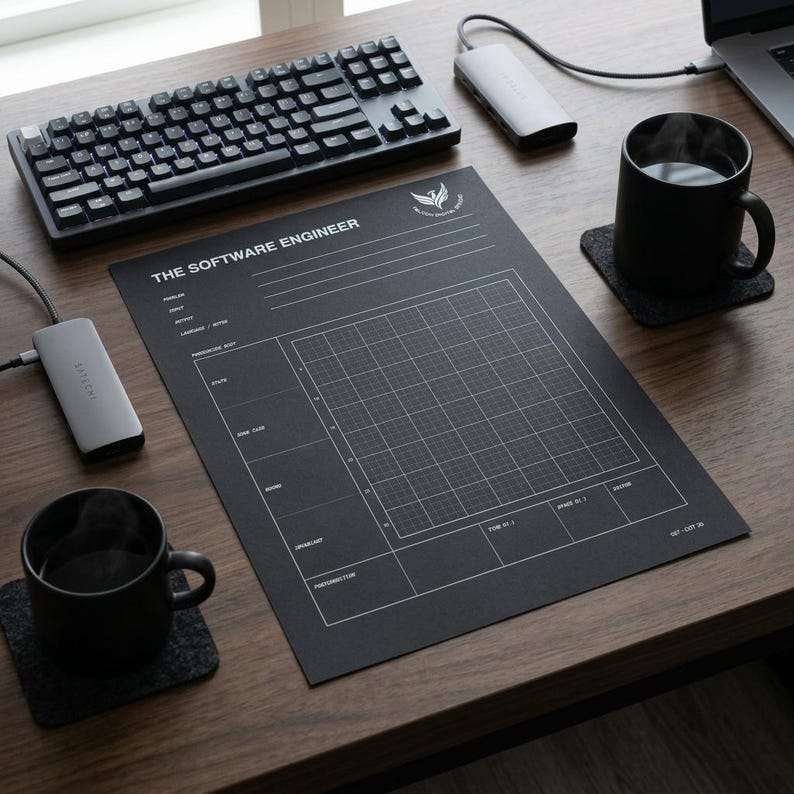 May include: A black desk mat featuring a white grid layout and the text THE SOFTWARE ENGINEER printed at the top. The mat includes sections for notes, stats, and project details, designed for a workspace with a keyboard and two black mugs.