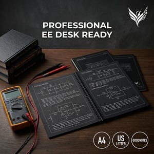May include: A spiral-bound notebook with black pages featuring white grid lines and printed electrical engineering circuit diagrams. A yellow digital multimeter with red and black probes sits beside a stack of three books on a dark wooden surface.