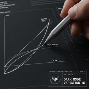May include: A silver stylus pointing at a white line graph on a dark gray surface. The graph displays algorithm complexity notations including O(n^2), O(n), O(n log n), and O(1). A box in the corner reads PROJECT: ALGORITHM COMPLEXITY, PAGE 15, 056 - CRT 35, DARK MODE VARIATION 15.