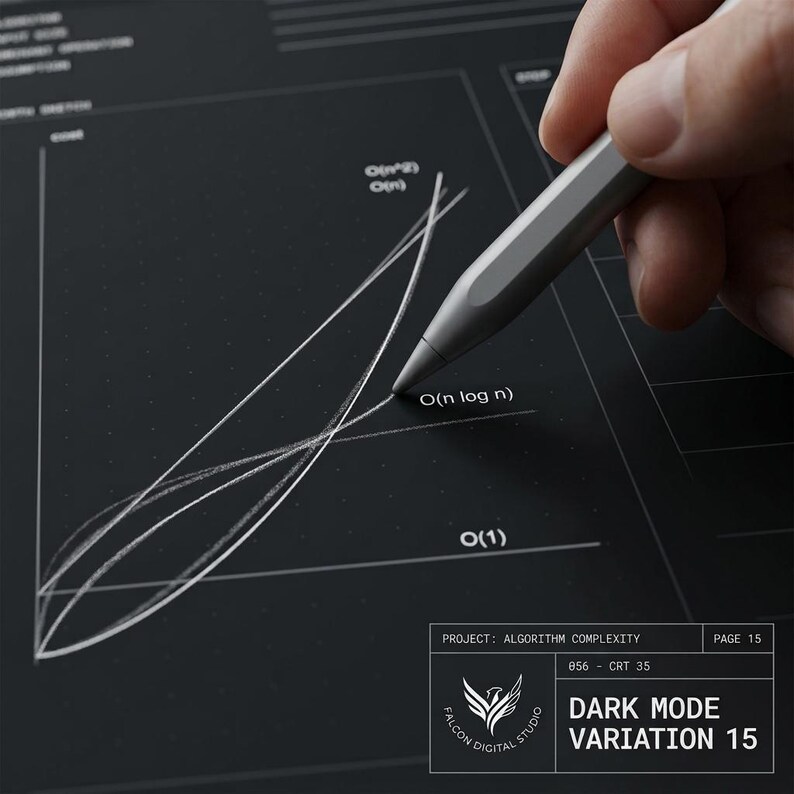 May include: A silver stylus pointing at a white line graph on a dark gray surface. The graph displays algorithm complexity notations including O(n^2), O(n), O(n log n), and O(1). A box in the corner reads PROJECT: ALGORITHM COMPLEXITY, PAGE 15, 056 - CRT 35, DARK MODE VARIATION 15.