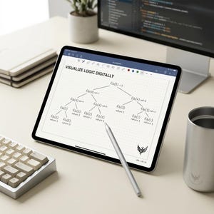 May include: A tablet displaying a digital note with the text VISUALIZE LOGIC DIGITALLY and a Fibonacci sequence tree diagram. A silver stylus rests on the screen, which features a dotted grid background and a small phoenix logo in the corner.