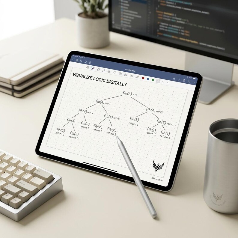 May include: A tablet displaying a digital note with the text VISUALIZE LOGIC DIGITALLY and a Fibonacci sequence tree diagram. A silver stylus rests on the screen, which features a dotted grid background and a small phoenix logo in the corner.