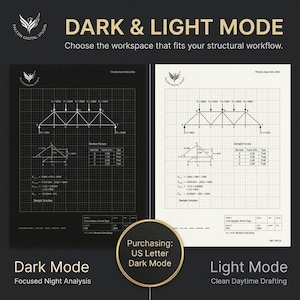 May include: A digital engineering template featuring a truss analysis grid in both dark and light modes. The document includes structural diagrams, force calculations, and tables labeled with the text Falcon Digital Studio and Truss Analysis Grid.
