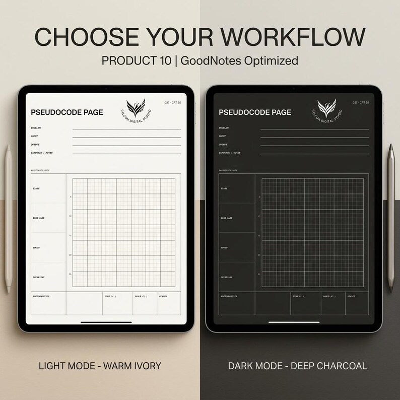 May include: Two digital tablets displaying a pseudocode page template. The left tablet features a warm ivory background with black lines, while the right tablet shows a deep charcoal background with white lines. Both include a grid and text.