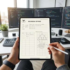 May include: A digital tablet displaying a Recursion and Dynamic Programming study page with a grid, a tree diagram, and handwritten notes. The screen shows the text RECURSION / DP PAGE, a table with values, and a grid with numerical calculations.
