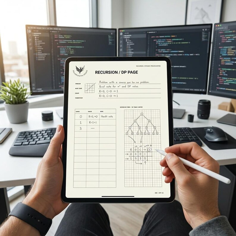 May include: A digital tablet displaying a Recursion and Dynamic Programming study page with a grid, a tree diagram, and handwritten notes. The screen shows the text RECURSION / DP PAGE, a table with values, and a grid with numerical calculations.