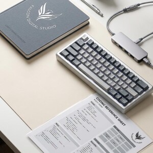 K&ouml;nnte beinhalten: Ein graues Notizbuch mit dem Falcon Digital Studio Logo, eine mechanische Tastatur mit grauen Tasten, ein silberner USB-C-Hub mit Kabeln, ein silberner Stift, eine Kaffeetasse und ein wei&szlig;es Coding-Referenzblatt mit Text und Diagrammen.