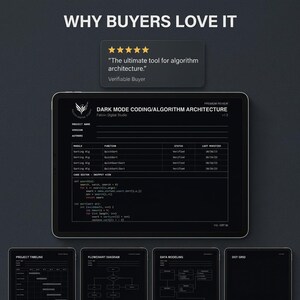 May include: A digital tablet screen displaying a dark mode coding and algorithm architecture interface with a five-star review box above it. The screen shows project details, a code snippet, and four smaller tablet icons below for timeline and diagrams.