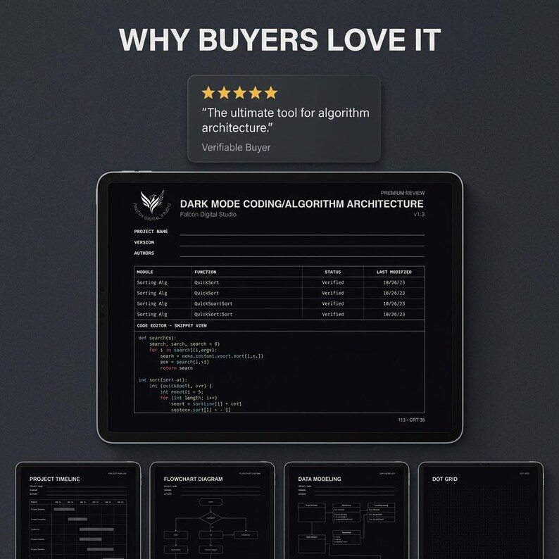 May include: A digital tablet screen displaying a dark mode coding and algorithm architecture interface with a five-star review box above it. The screen shows project details, a code snippet, and four smaller tablet icons below for timeline and diagrams.
