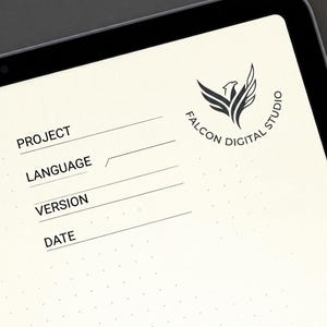 May include: A digital tablet screen displaying a cream-colored document template with a dotted grid pattern. The top right features a black logo of a falcon with the text Falcon Digital Studio. Below are four lines labeled Project, Language, Version, and Date.