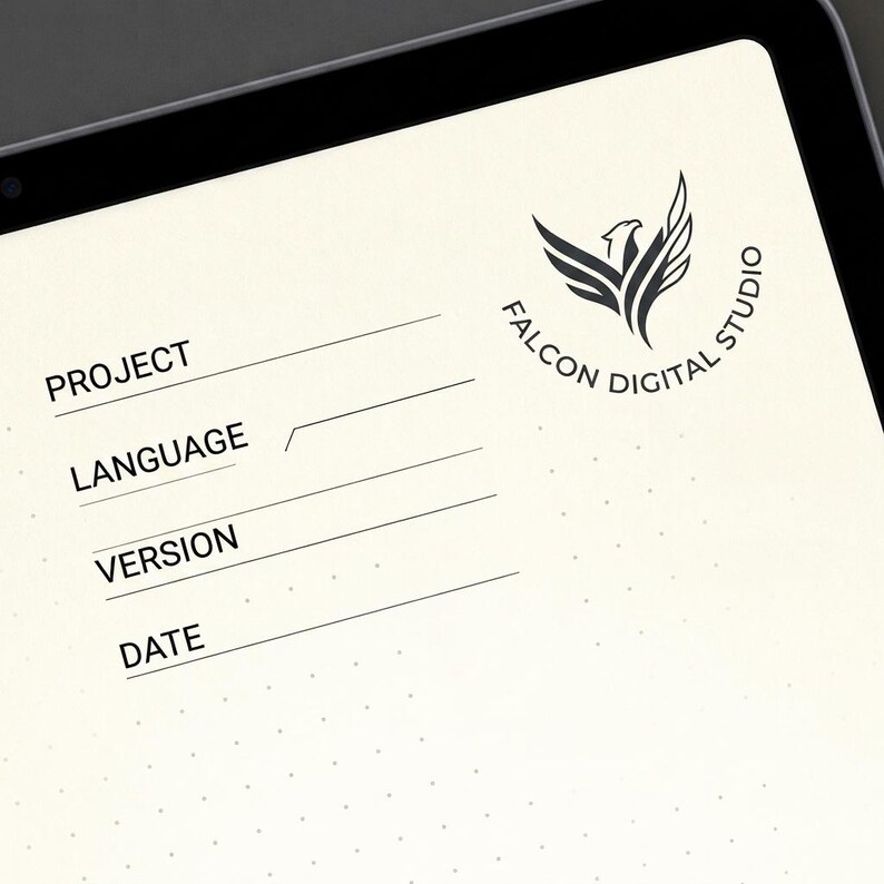 May include: A digital tablet screen displaying a cream-colored document template with a dotted grid pattern. The top right features a black logo of a falcon with the text Falcon Digital Studio. Below are four lines labeled Project, Language, Version, and Date.